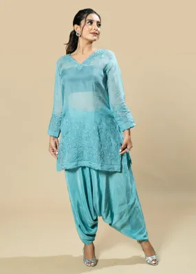 blue Georgette Organza Handcrafted Applique Kaftan Set