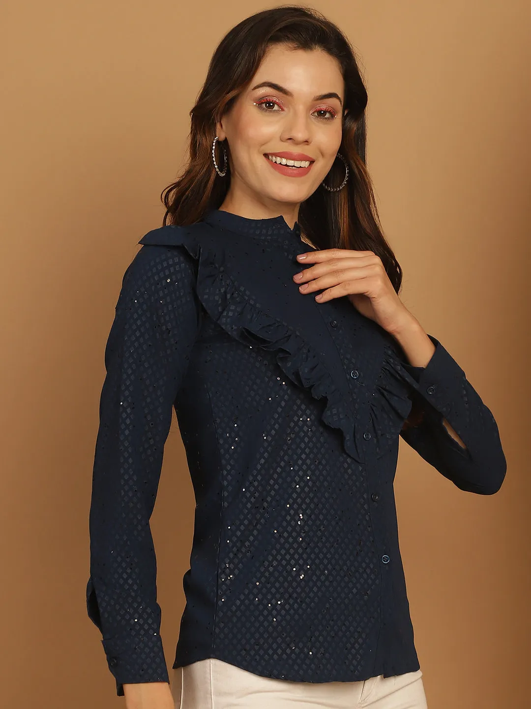 Blue Woven Design Frill Top