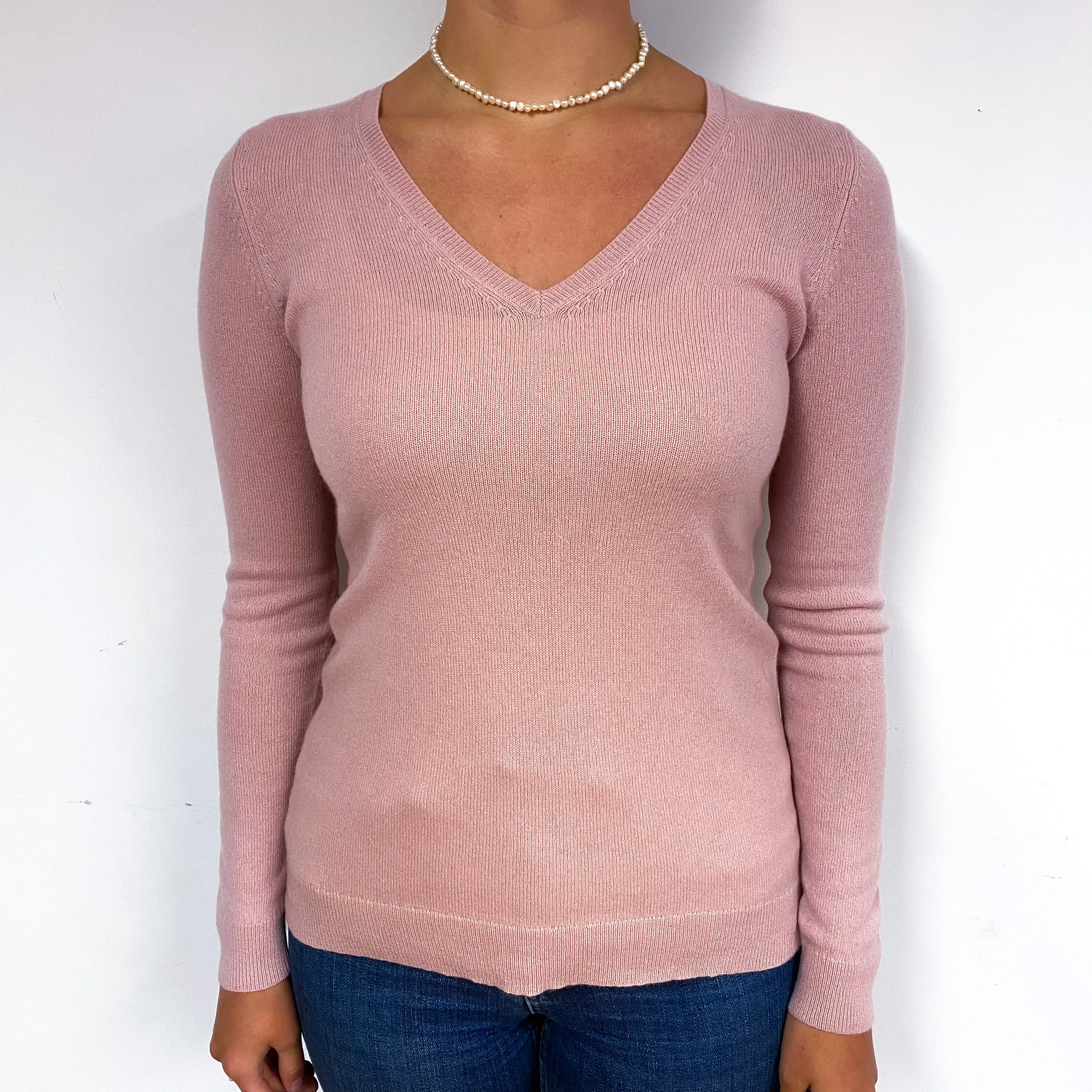 Blush Pink Cashmere V-Neck Jumper Small