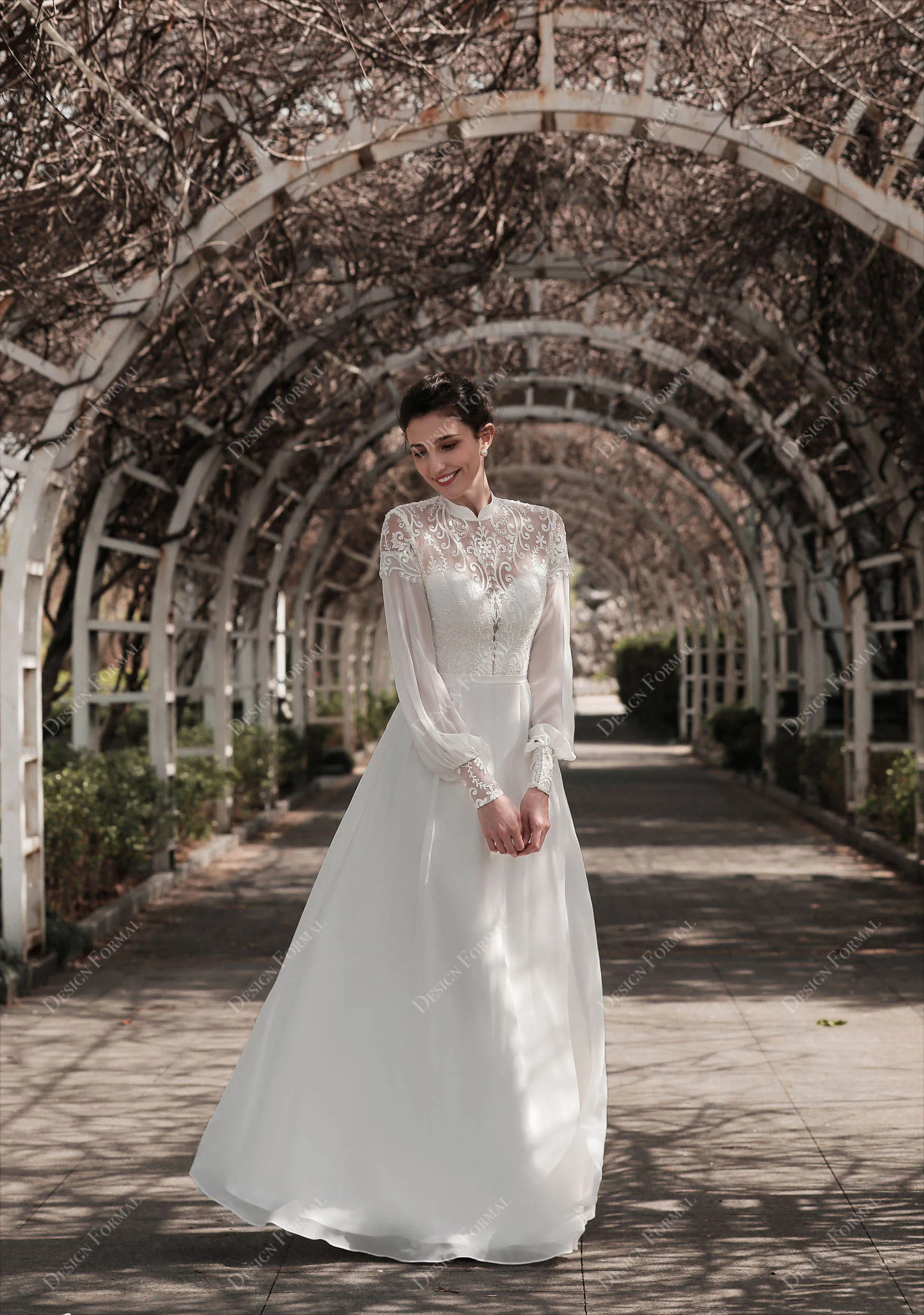 Boho Sleeved Flowy Lace Chiffon Wedding Dress