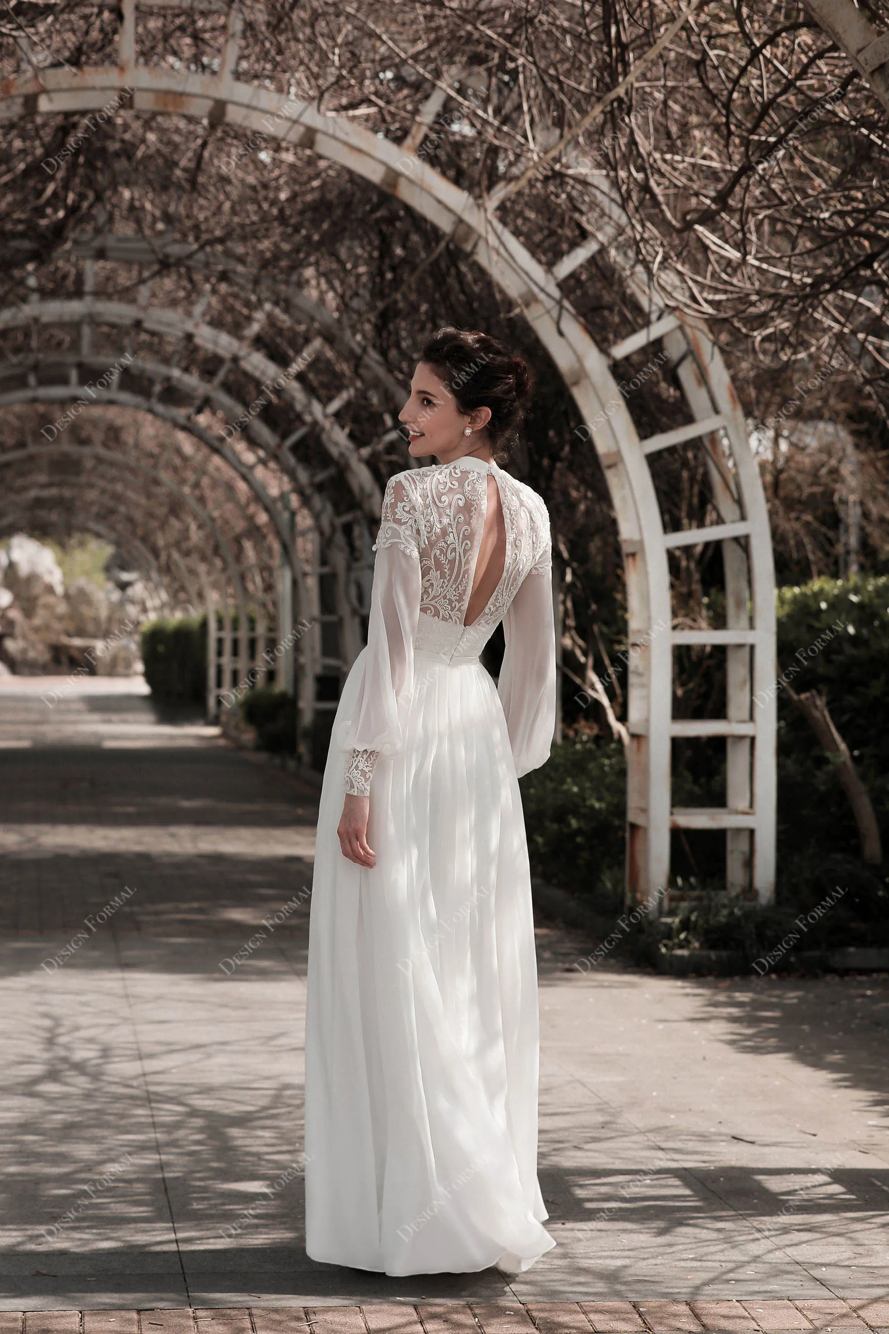 Boho Sleeved Flowy Lace Chiffon Wedding Dress