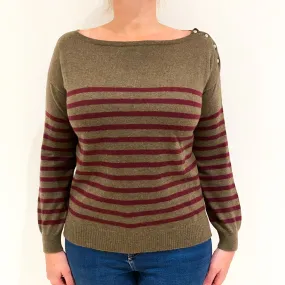 Bongenie Grieder Mole Brown and Burgundy Striped Cashmere Crew Neck Jumper Large