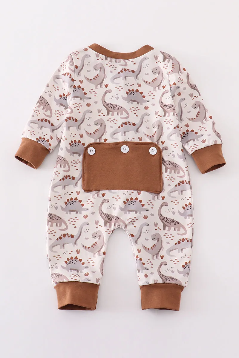 Brown dinosaur print boy romper