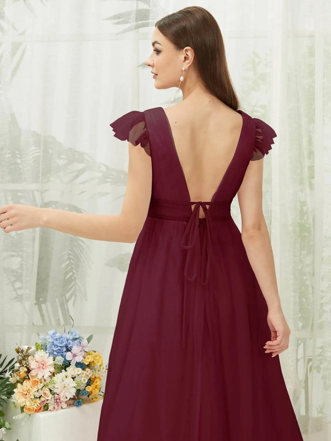 Burgundy Tulle Cap Sleeves Floor Length Flowy Bridesmaid Dresses