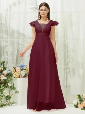 Burgundy Tulle Cap Sleeves Floor Length Flowy Bridesmaid Dresses