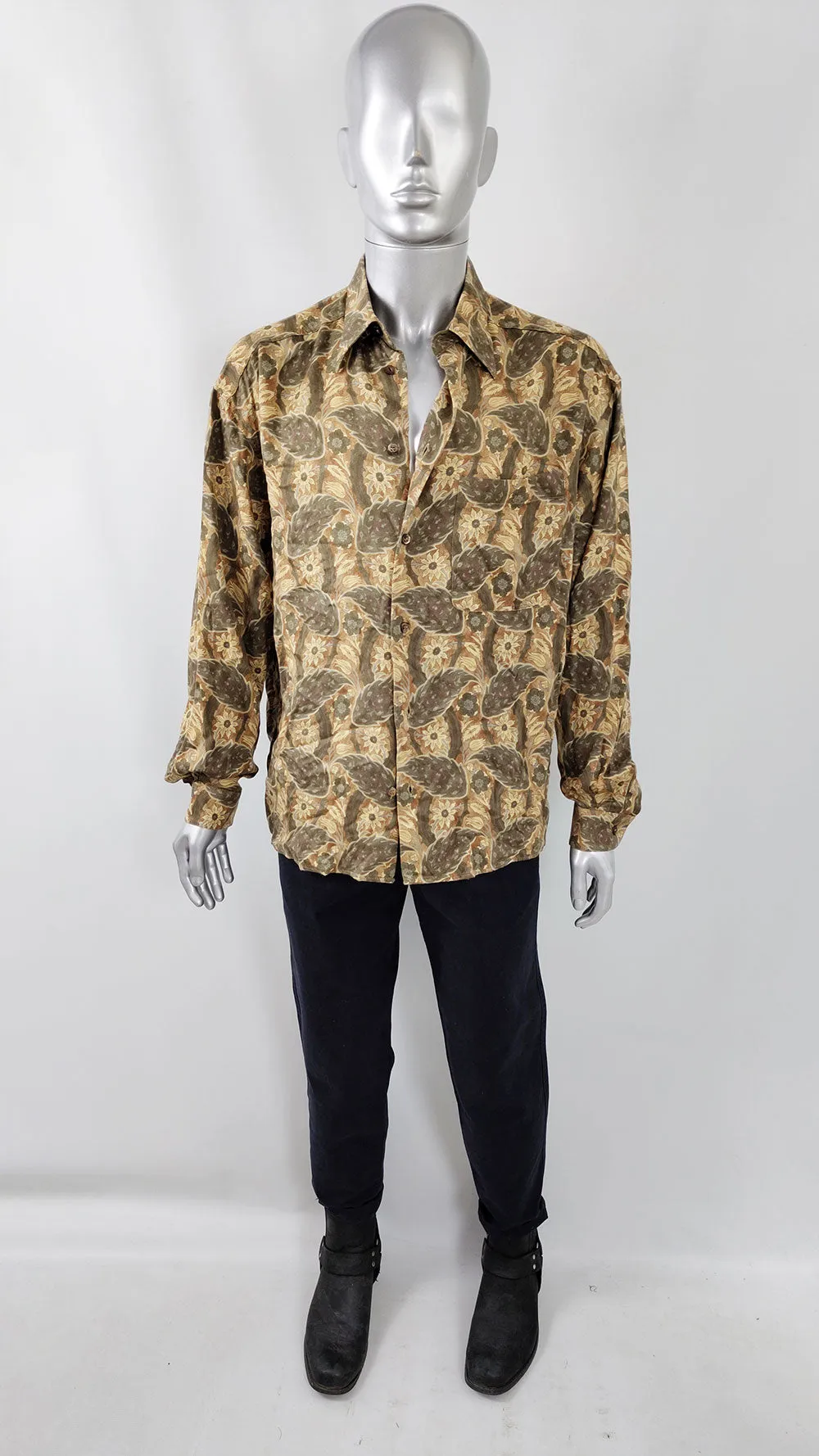 Byblos Vintage Mens Brown & Green Flowy Paisley Shirt, 1980s