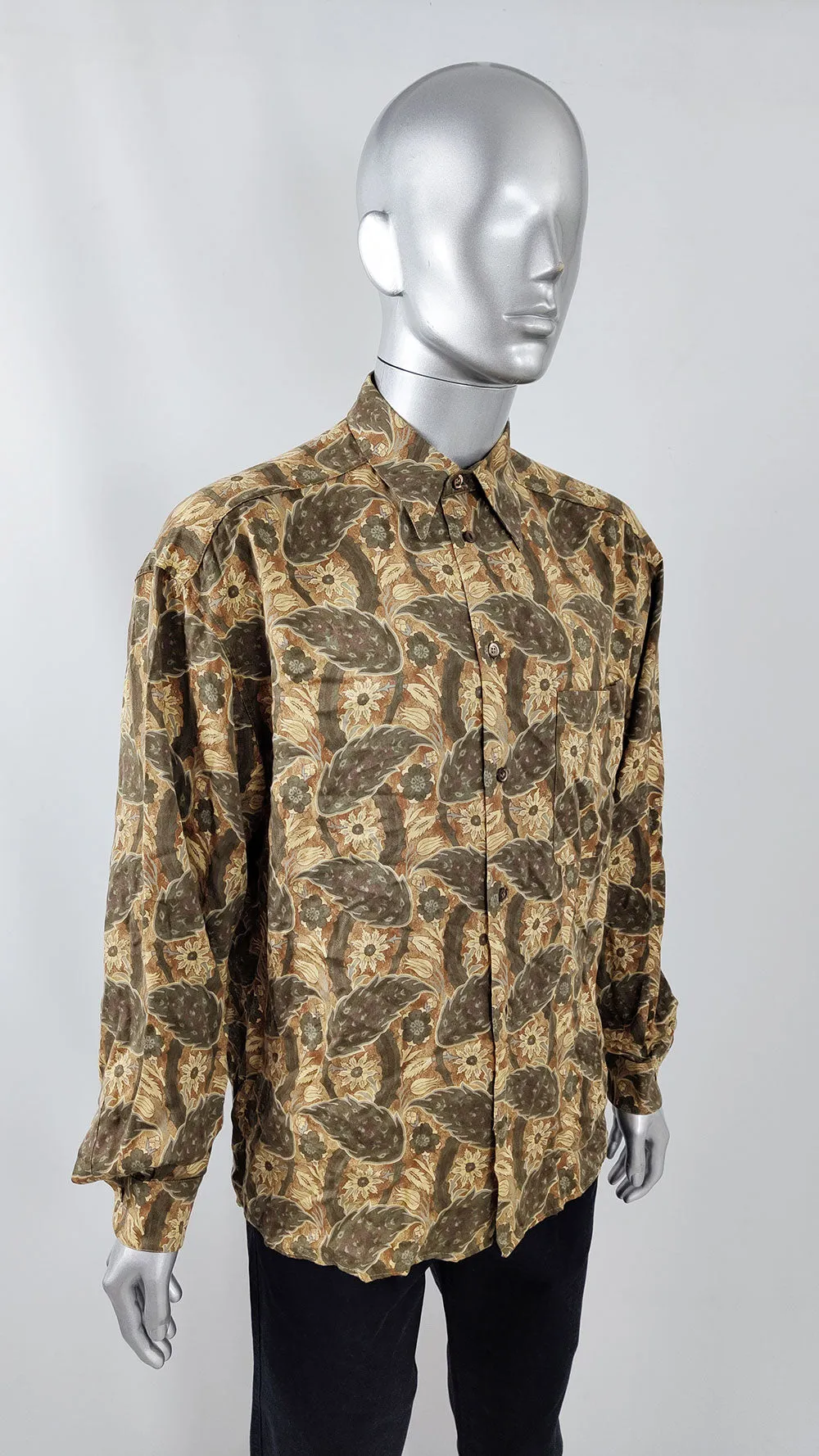 Byblos Vintage Mens Brown & Green Flowy Paisley Shirt, 1980s