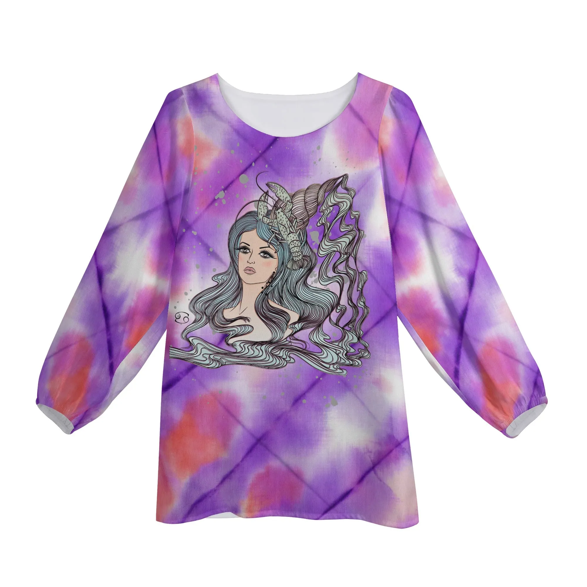 Cancer Woman Zodiac Sign Long Sleeve Chiffon Blouse Inspired by Astrology and Horoscope