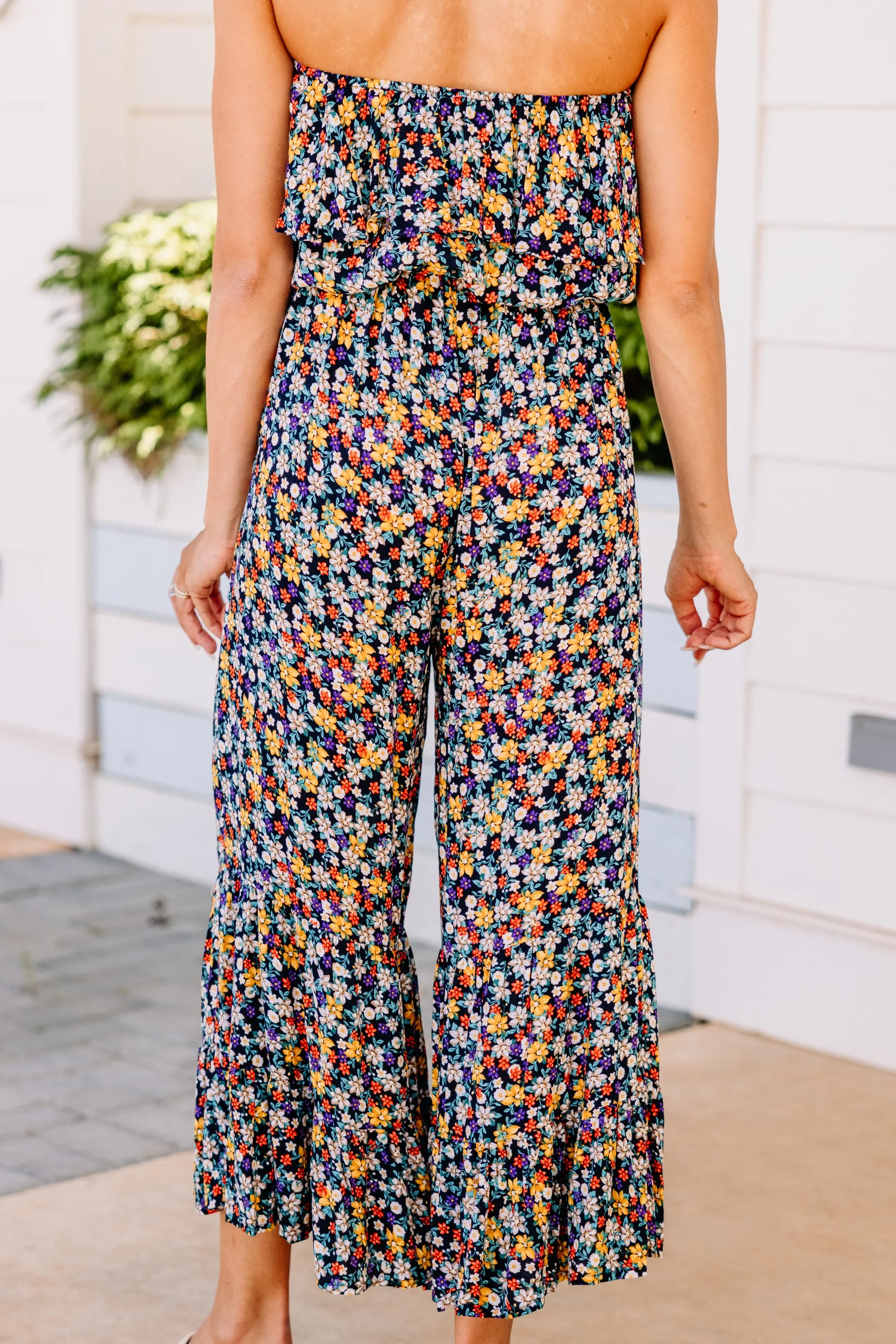 Can't Go Back Navy Blue Ditsy Floral Jumpsuit