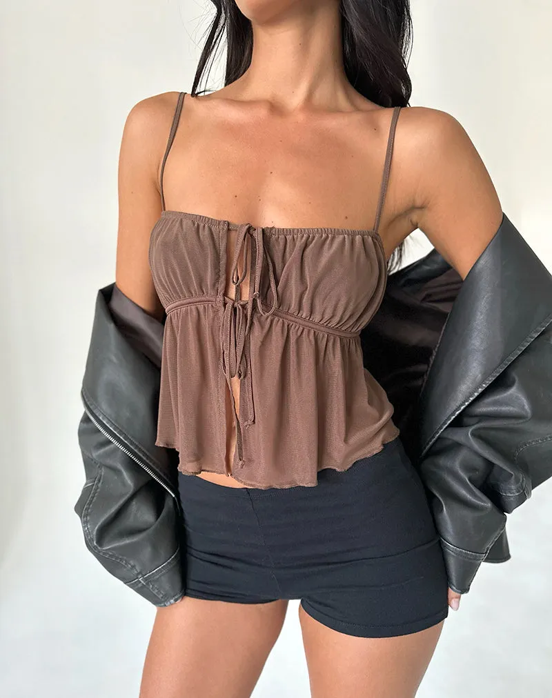 Carmina Tie Front Cami Top in Mesh Brown