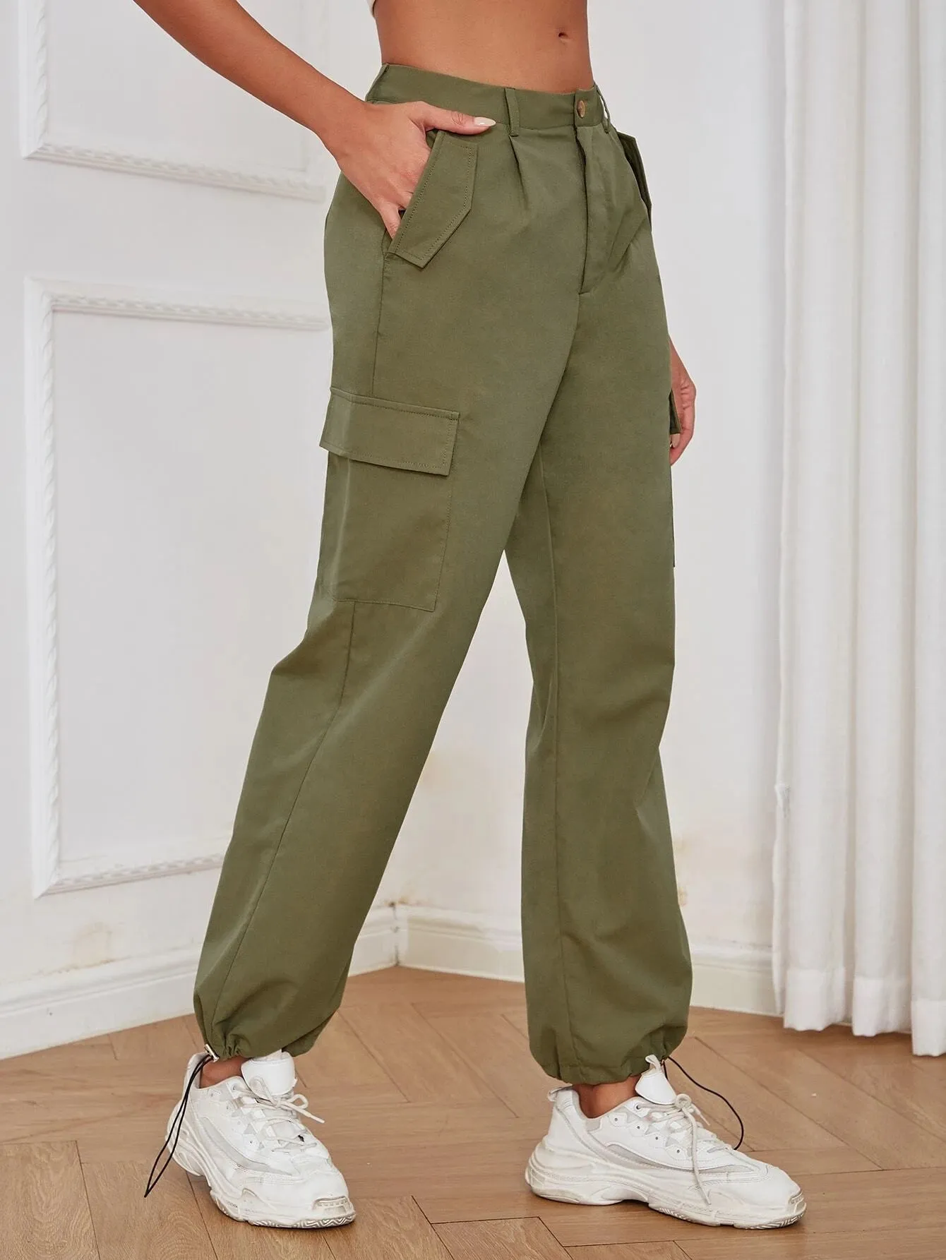 Casual High Waist Flap Pocket Side Cargo Pant