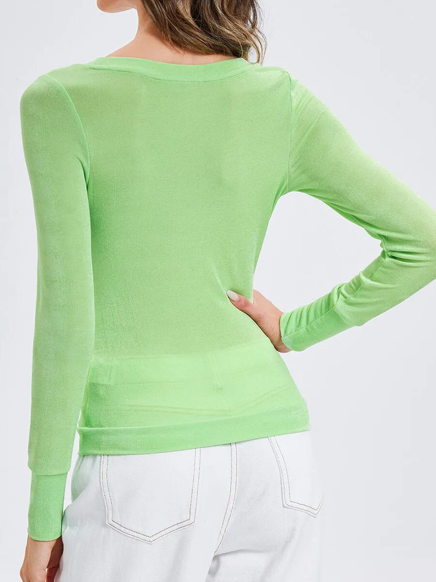 Casual Sheer U Neck Neon Green Top