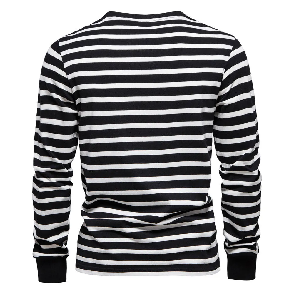 Casual Striped Top Round Neck Men's Cotton T-Shirt