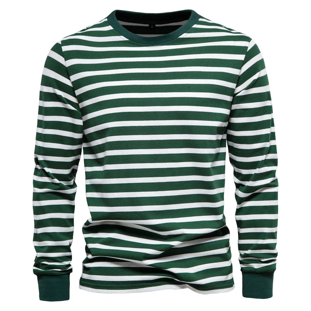 Casual Striped Top Round Neck Men's Cotton T-Shirt