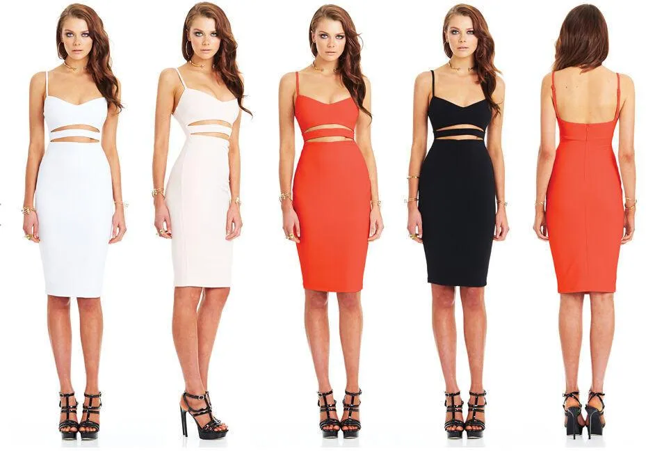 Clearance Spaghetti Strap Hollow Out Solid Bodycon Stretch Club Dress