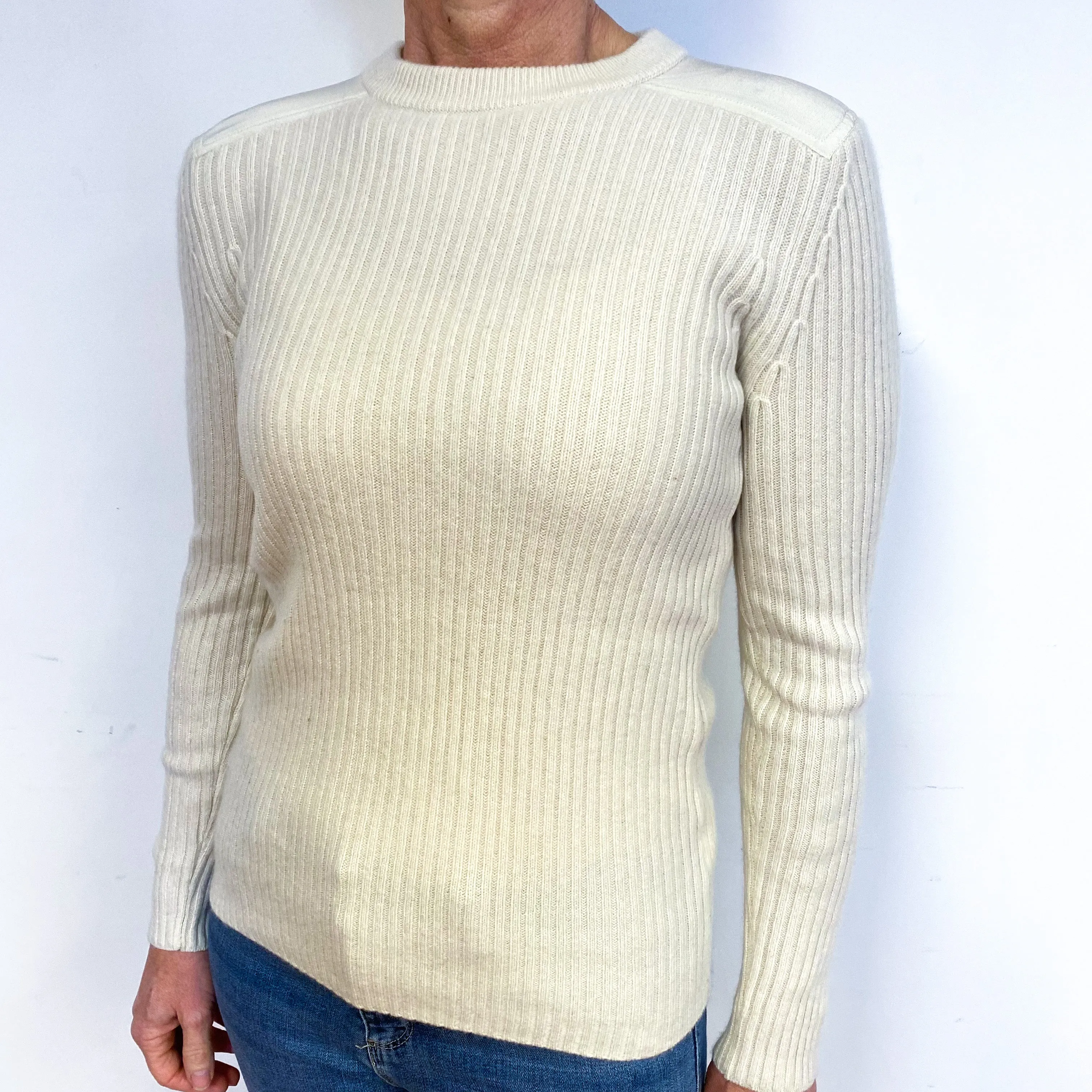 Club Monaco Cream Ribbed Cashmere Crew Neck Jumper Medium