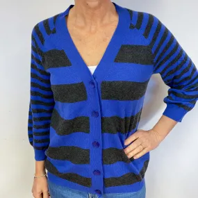 Cobalt Blue and Grey Striped Cashmere Cardigan Medium