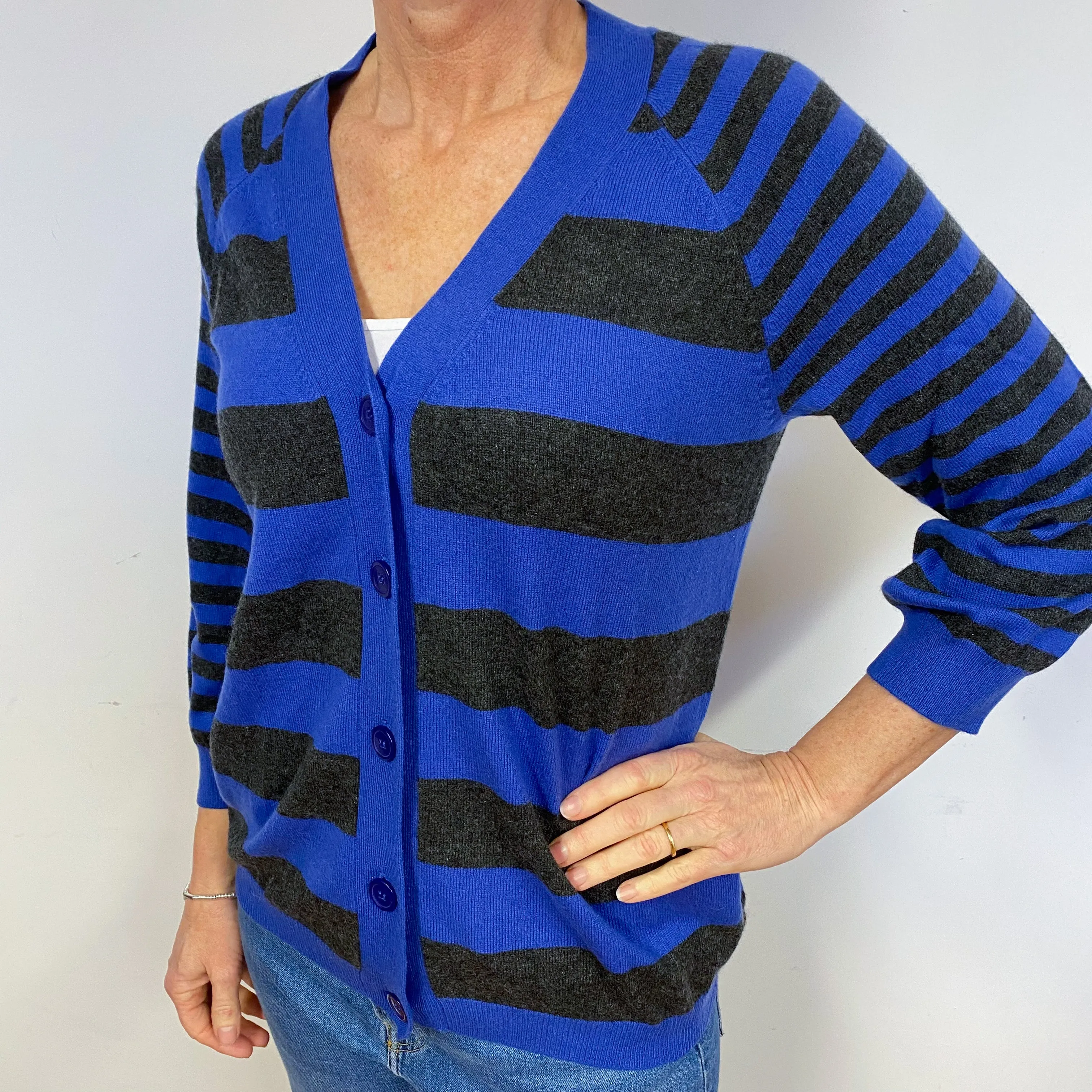 Cobalt Blue and Grey Striped Cashmere Cardigan Medium