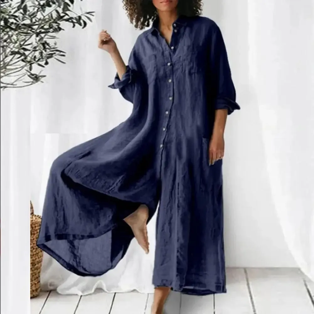 Cotton LinenWomen Jumpsuit Oversized Vintage Button Jumpsuit Summer Women Casual Beach Playsuit Wide Legs Pants Loose Romper