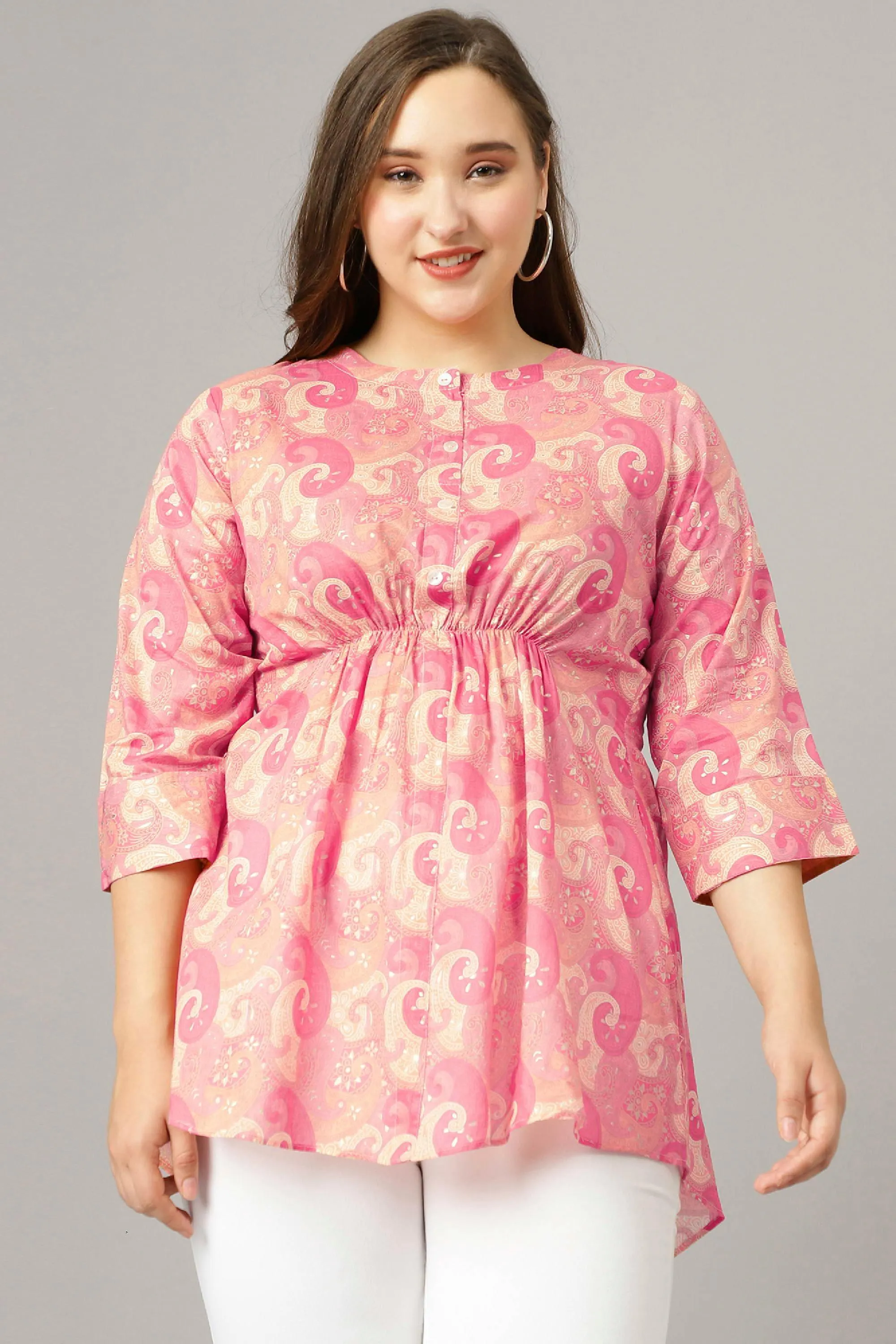 Curvy Lane Women Plus Size Paisley Foil Printed Pink Top