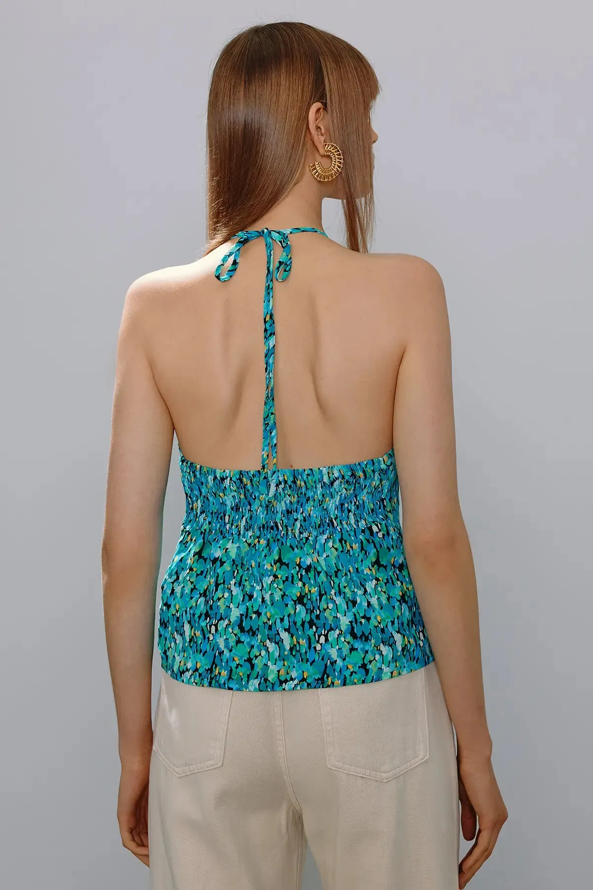 Cut Out Shirred Drawstring Halter Top