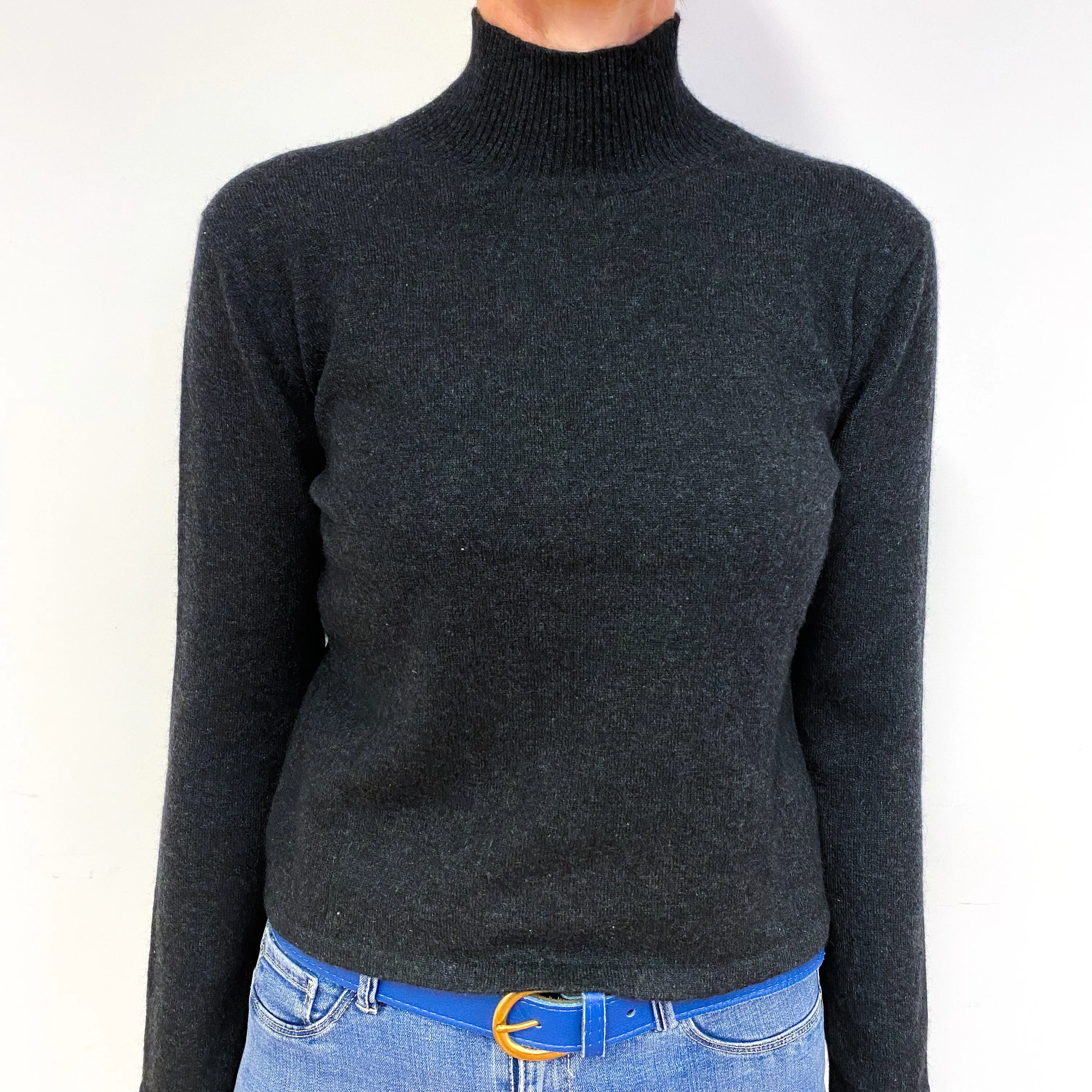 Darkest Slate Grey Cashmere Polo Neck Jumper Medium