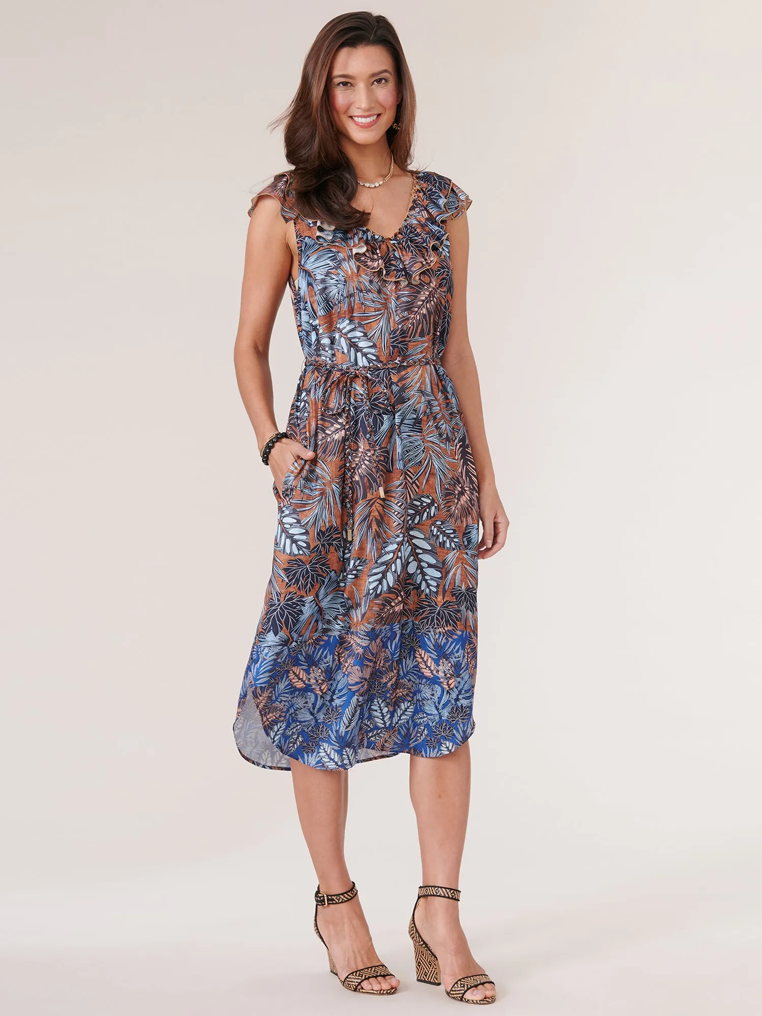 Double Ruffle V Neck Leaf Print Woven Tank Dress