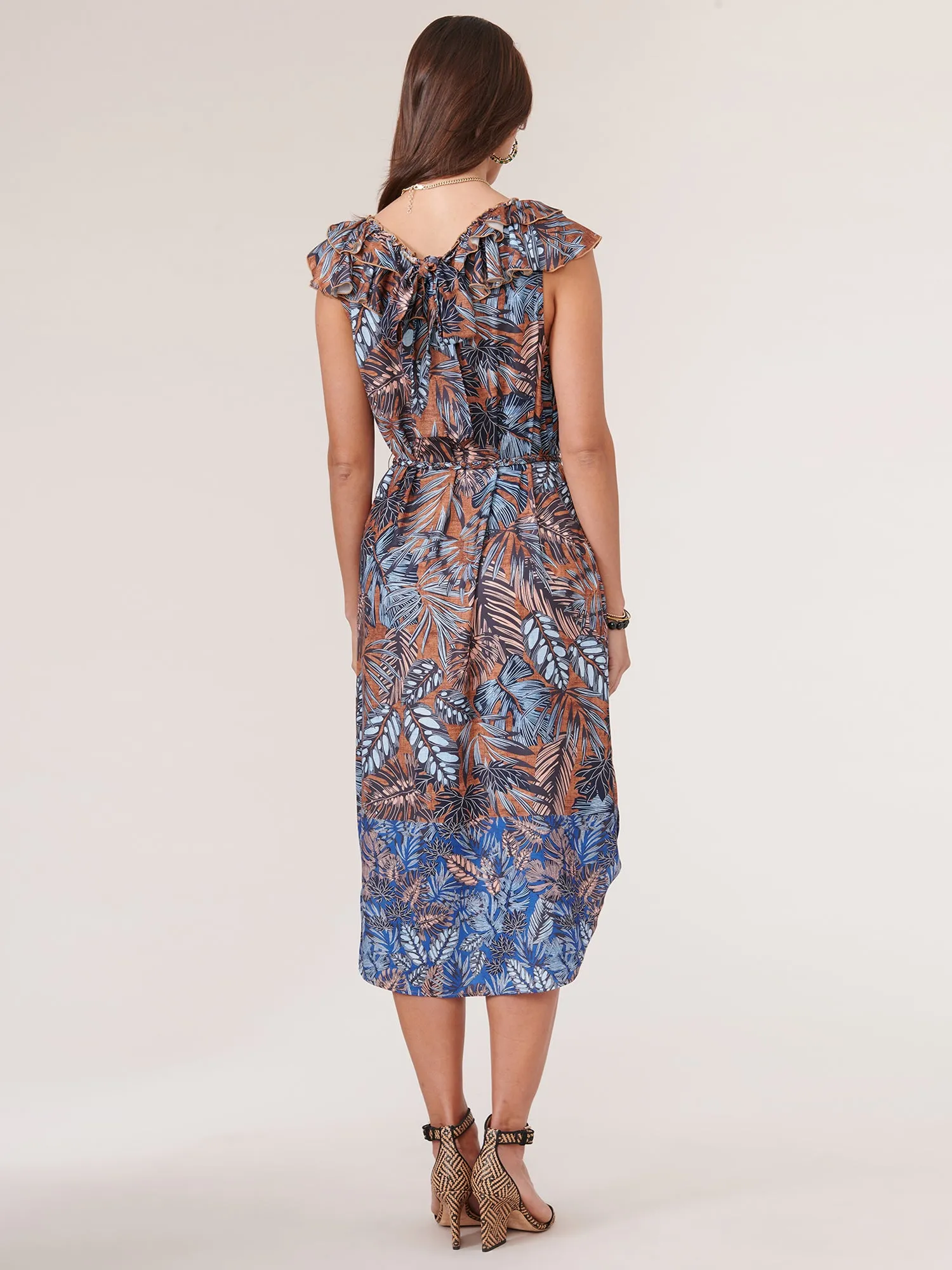 Double Ruffle V Neck Leaf Print Woven Tank Dress