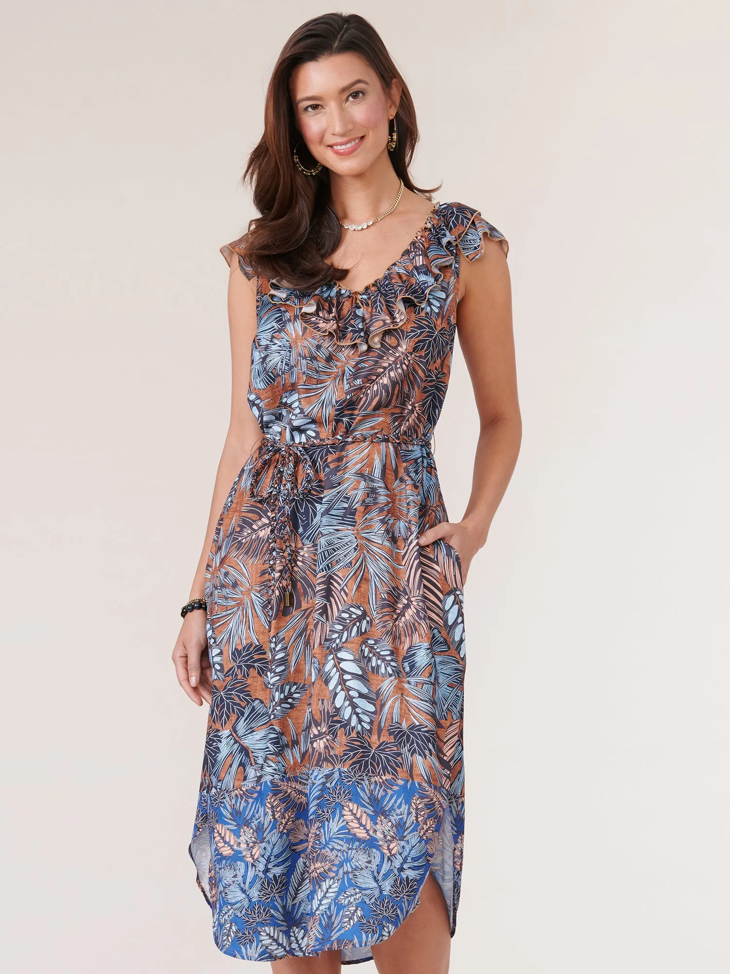 Double Ruffle V Neck Leaf Print Woven Tank Dress