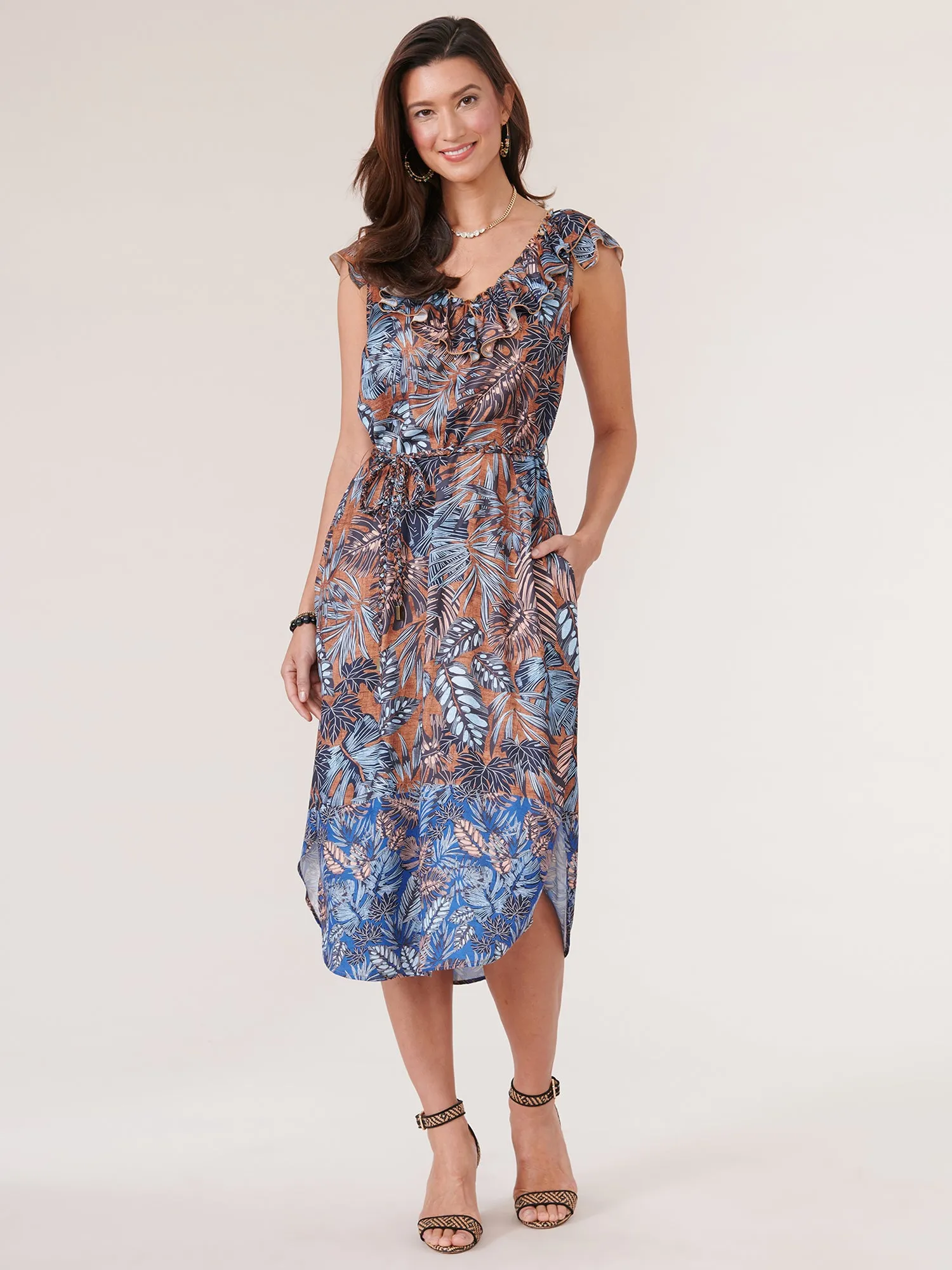 Double Ruffle V Neck Leaf Print Woven Tank Dress