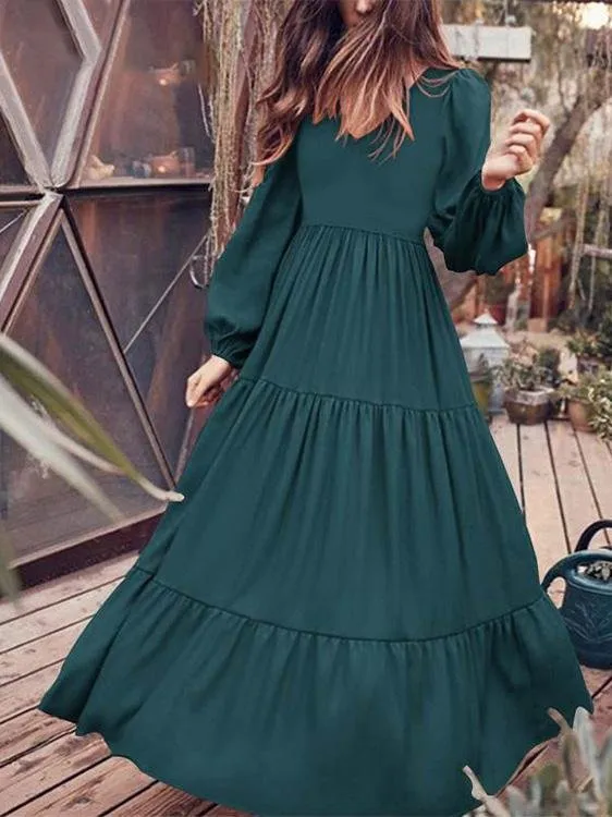 Dunnmall Temperament V-Neck Long Sleeve Flowy Dress