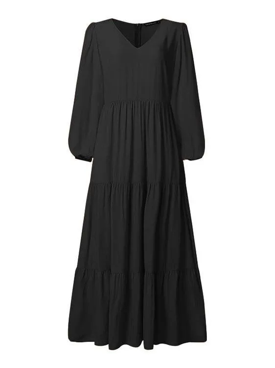 Dunnmall Temperament V-Neck Long Sleeve Flowy Dress