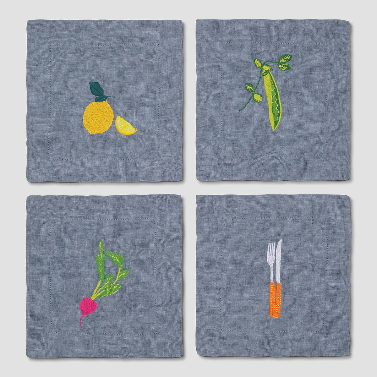 Dusk Blue Embroidered Linen Coasters Set of 4