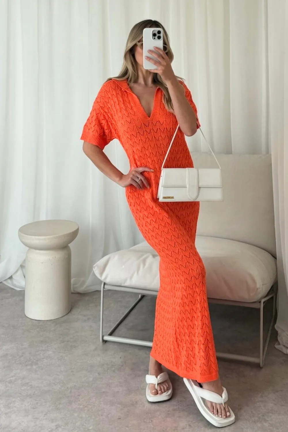 Eden orange crochet knit midi polo dress