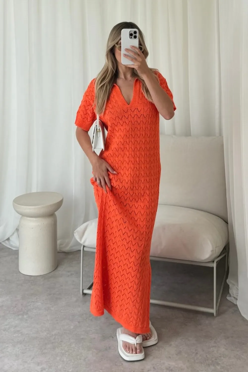 Eden orange crochet knit midi polo dress