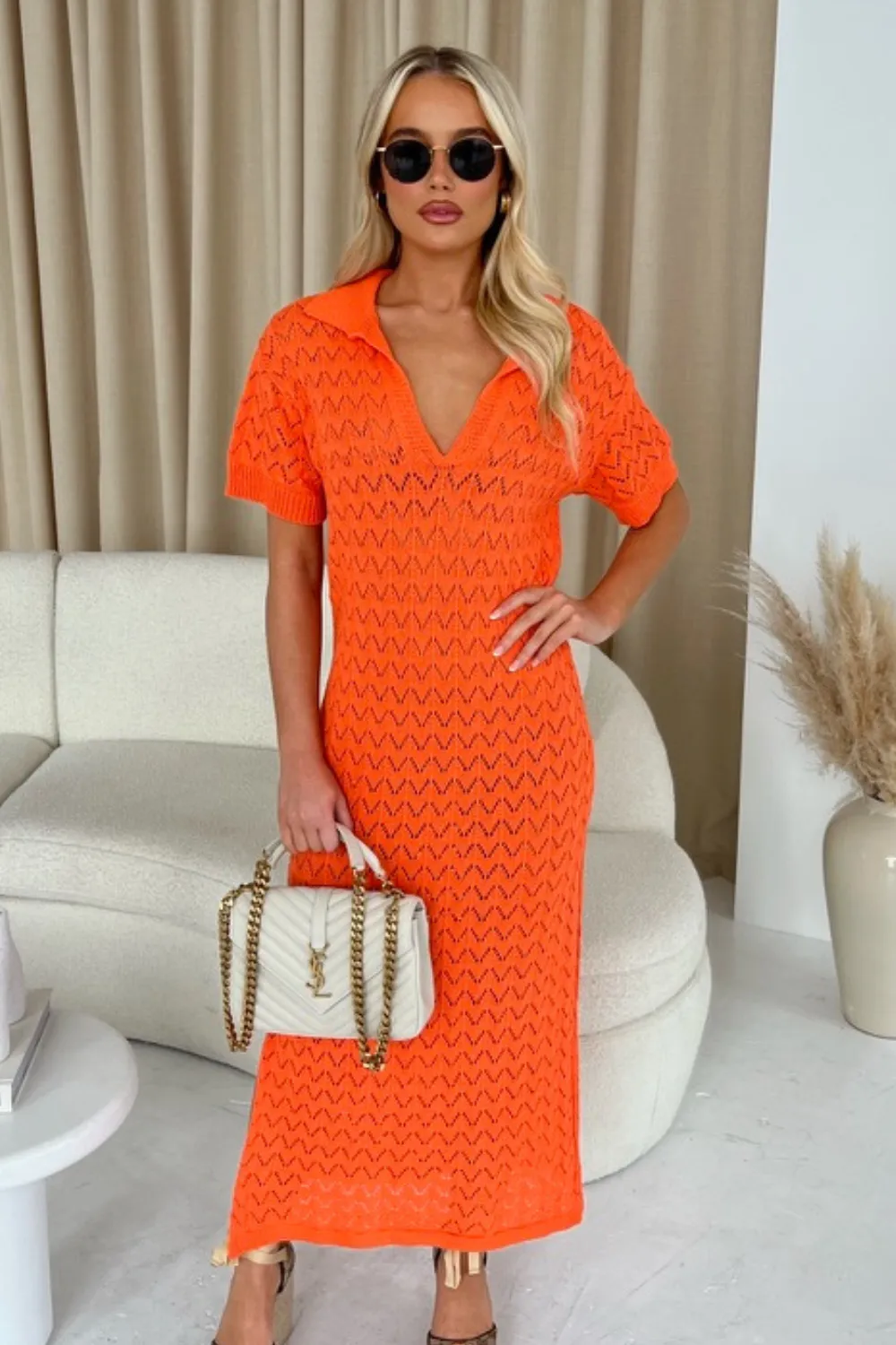 Eden orange crochet knit midi polo dress