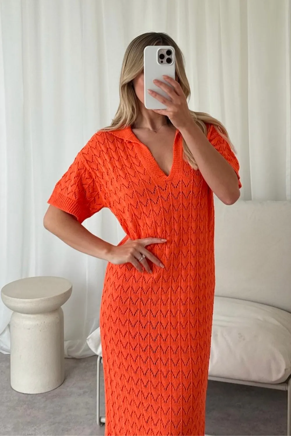 Eden orange crochet knit midi polo dress