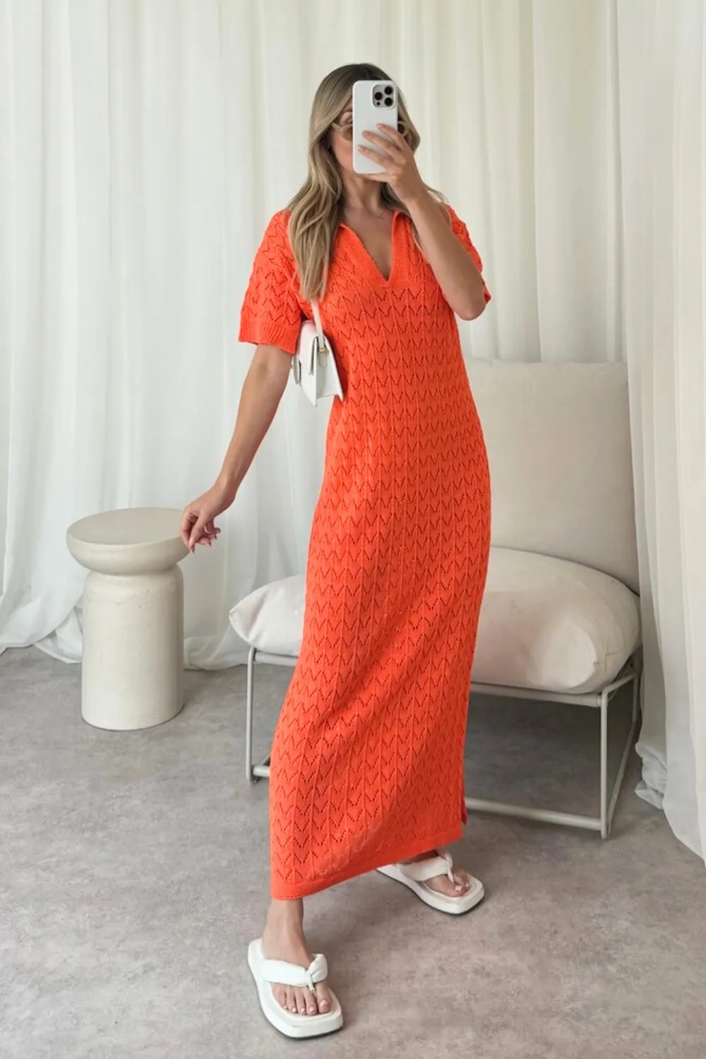 Eden orange crochet knit midi polo dress