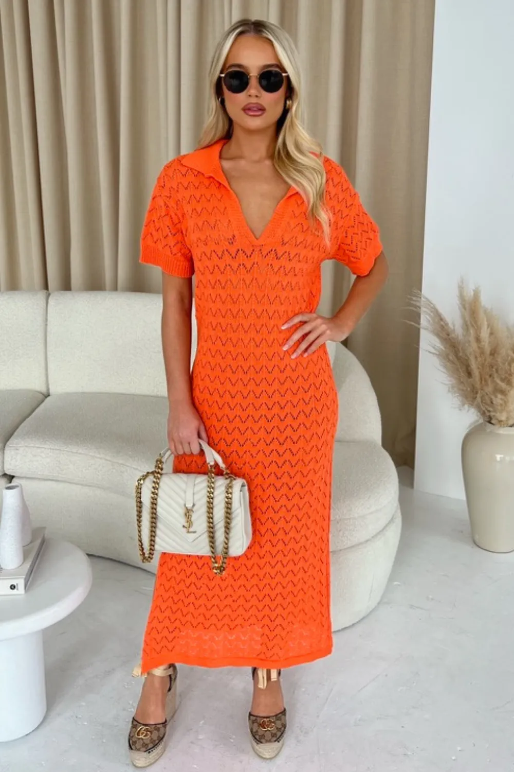 Eden orange crochet knit midi polo dress