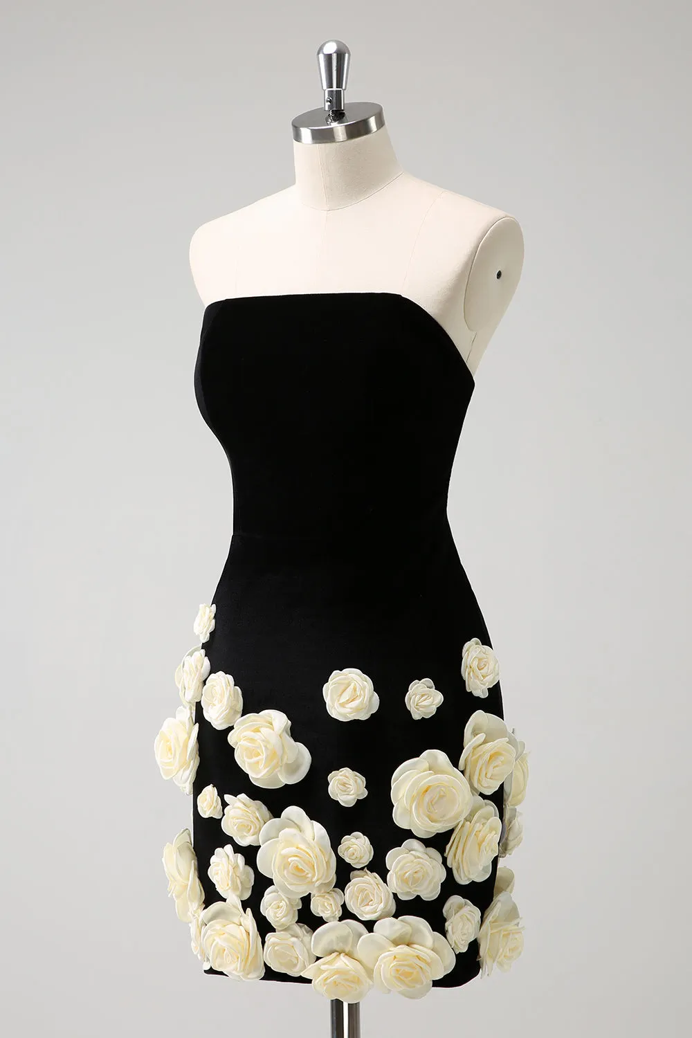 Elegant Black Tight Strapless Short Homecoming Dress with 3D Flowers