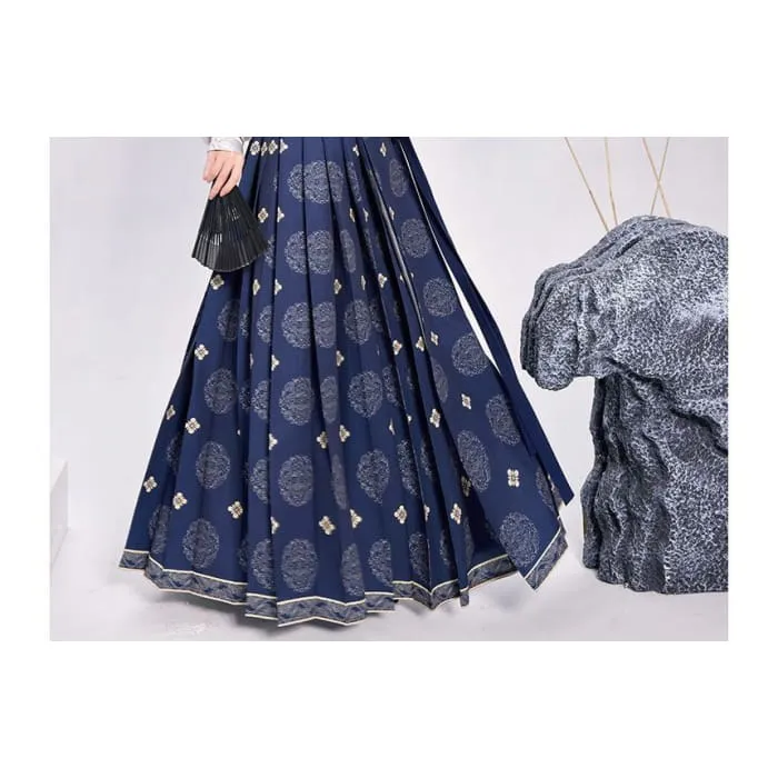 Embroidered Blouse / High Rise Print Pleated Maxi A-Line Wrap Skirt / Set