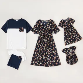 Family Matching Allover Floral Print Short Sleeve Dresses and Short-sleeve Shirts Sets