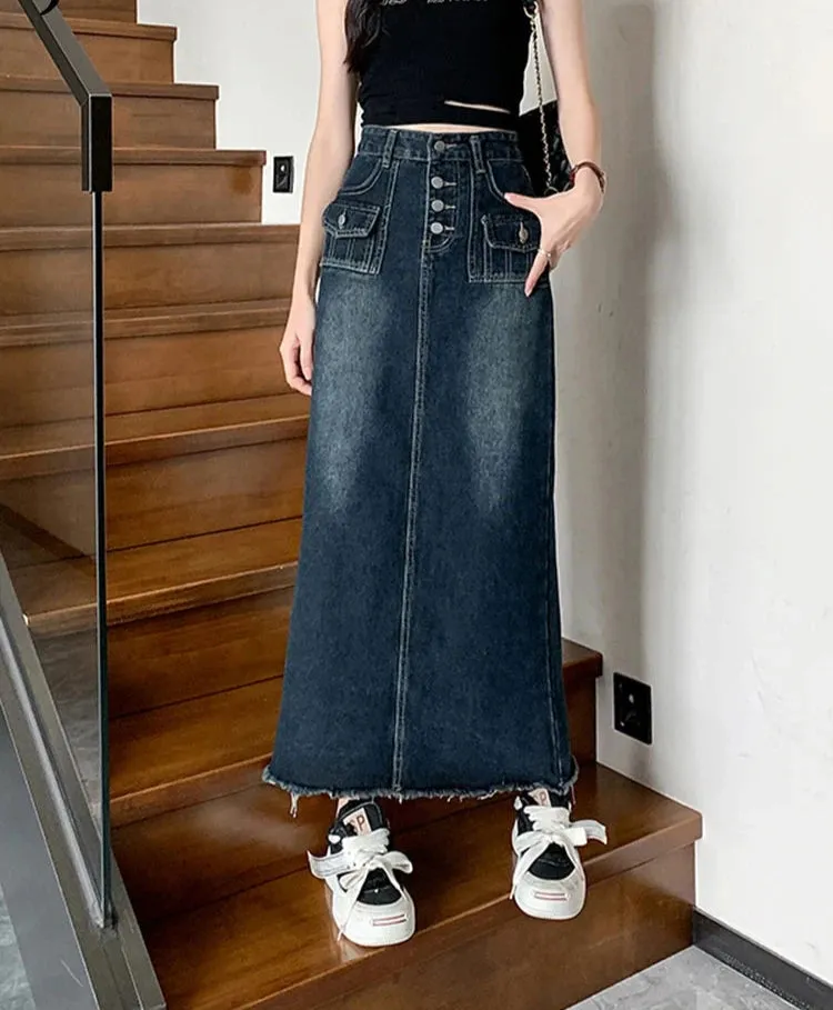 Fashion High Waist Denim Skirt Woman New Retro Maxi Skirts Female Summer Y2K Korean Harajuku Dark Blue Long Jean Skirts