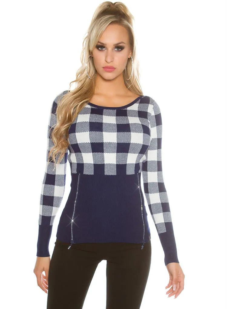 Feminine stylish Blue checked knitwear Jumper top.size fits UK 8/10