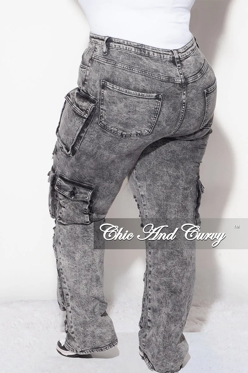 Final Sale Plus Size Cargo Distressed Pants in Black Wash Denim