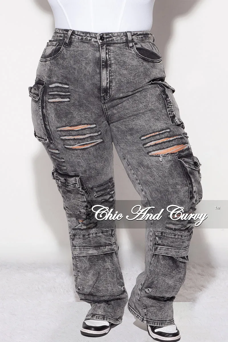 Final Sale Plus Size Cargo Distressed Pants in Black Wash Denim