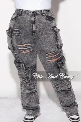 Final Sale Plus Size Cargo Distressed Pants in Black Wash Denim