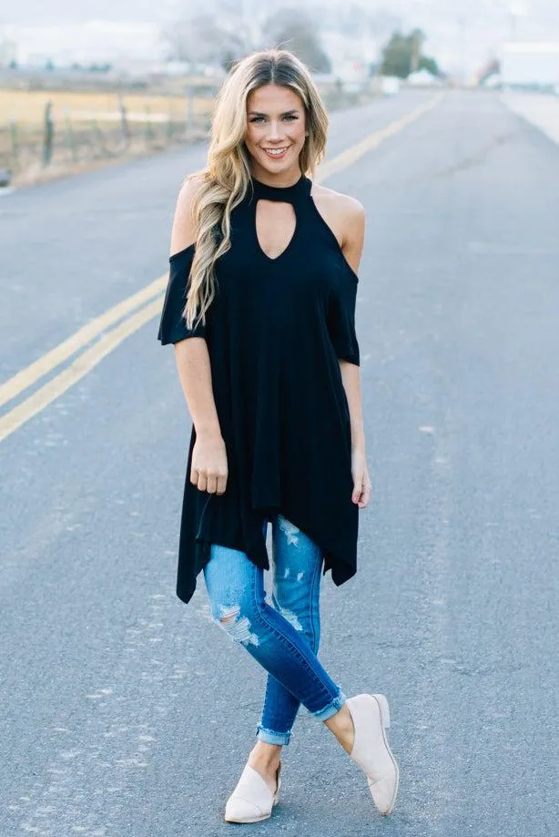 Flowy Open Shoulder Tunic | Black Clearance