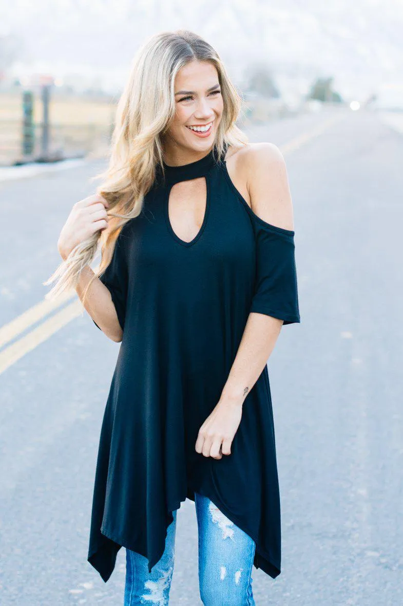 Flowy Open Shoulder Tunic | Black Clearance