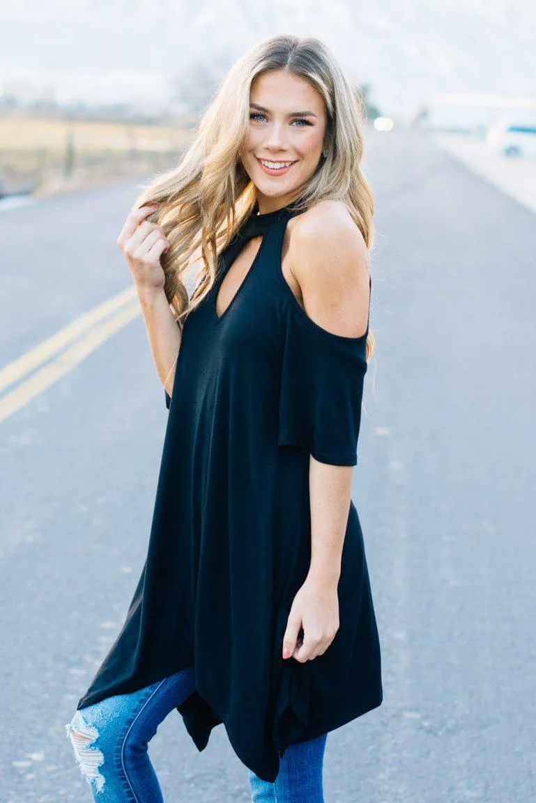 Flowy Open Shoulder Tunic | Black Clearance